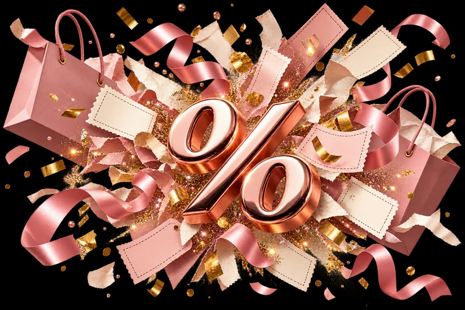 Pink gift boxes, satin ribbon and gold tags